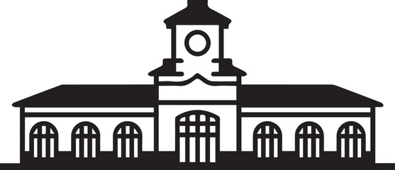 Obraz premium A black silhouette of a building with a clock tower on a white background