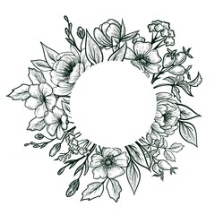 Hand drawn black and white floral wreath frame, botanical line art illustration. © Yuliia