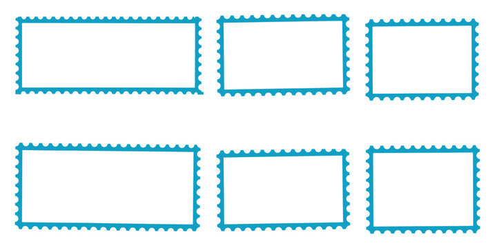 Blank postage stamp frame set showing empty paper design with zigzag and scallop edge borders for postage labels, postal design, and decorative stamp templates.