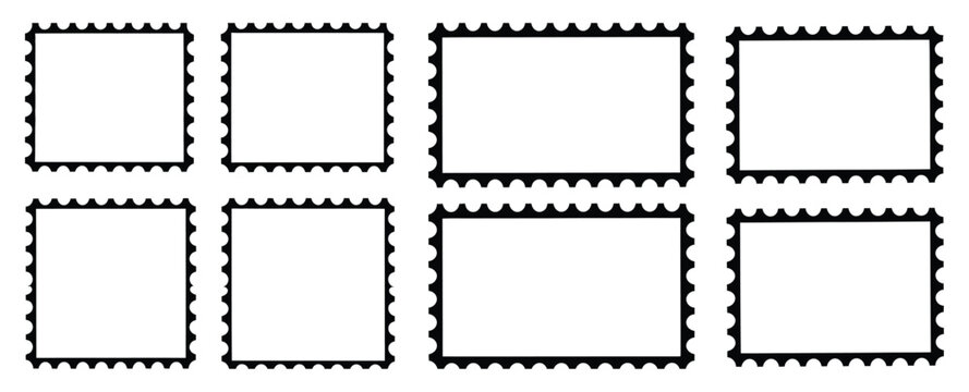 Blank postage stamp frames featuring empty paper design with zigzag and scallop edges for post stamp borders, labels, and vintage stationery vector illustration.