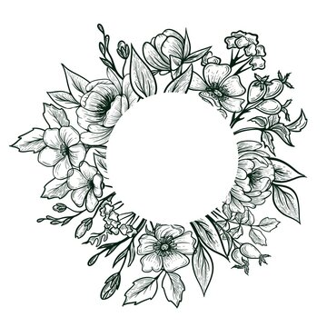 Hand drawn black and white floral wreath frame, botanical line art illustration.