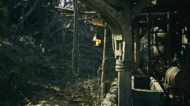 A weathered shack stands alone amid dense forest, with ropes and a flickering lantern casting shadows. The atmosphere is eerie, evoking a sense of forgotten tales and hidden secrets.