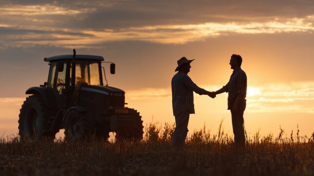 Farmers shake hands at sunset near a tractor in a field