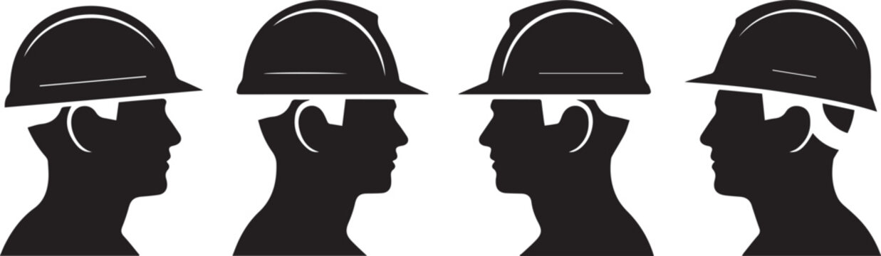 Four black silhouettes of construction workers wearing hard hats isolated on white background
