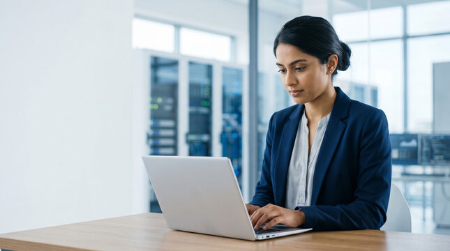 Focused Indian female IT specialist or software engineer working on a laptop in a modern data center server room