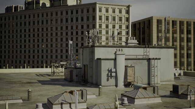 Rooftop foreground with historic Chicago facade rising behind, ornate masonry juxtaposed with plain mechanical boxes and gritty rooftop texture.