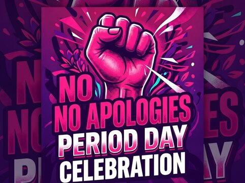 Empowerment Fist, No Apologies Period Day Celebration Graphic, Bold Pink and Purple Design, Social Justice Movement Art