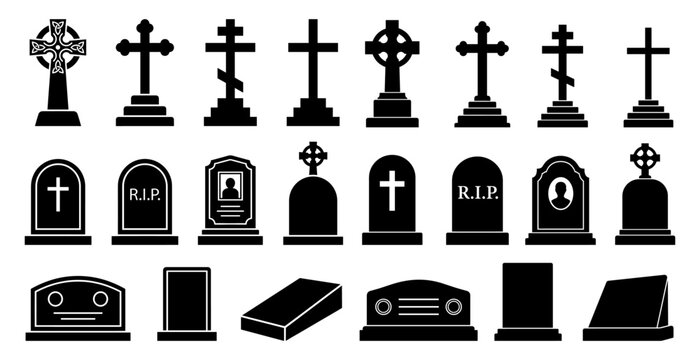 Tombstone set with gravestone cross headstone and monument silhouette