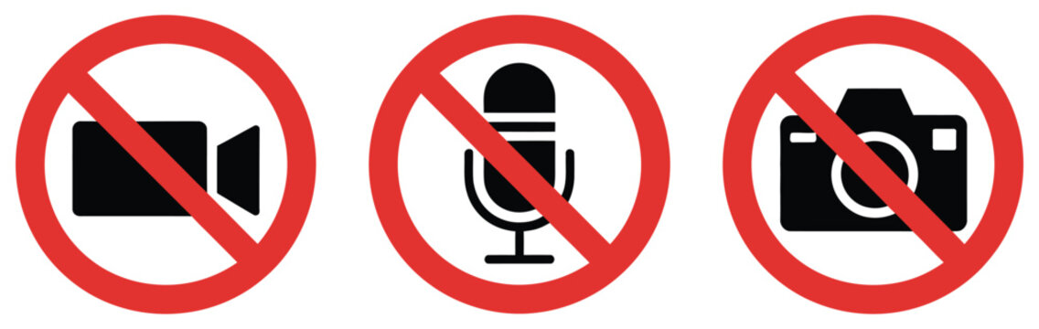 No record icons set showing mute, camera, and mic symbols with red prohibition circles for recording ban, privacy protection, and security signage visuals.