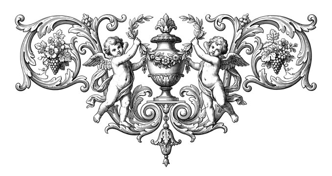 Baroque ornamental vignette with cherub antique vase and grape engraving