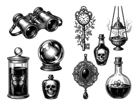 Dark academia set with binocular crystal ball and potion engraving