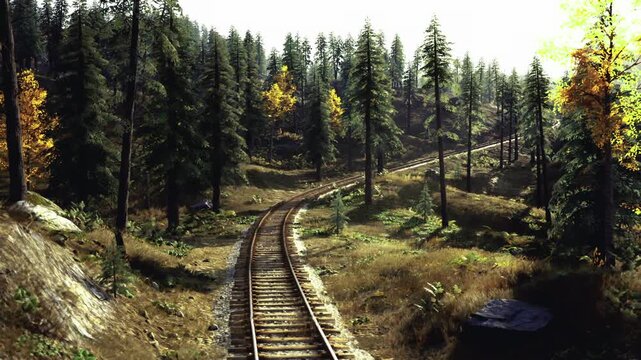Curving railway through autumn pine valley, weathered rails and wooden sleepers winding between grassy embankments, muted seasonal colors and quiet countryside