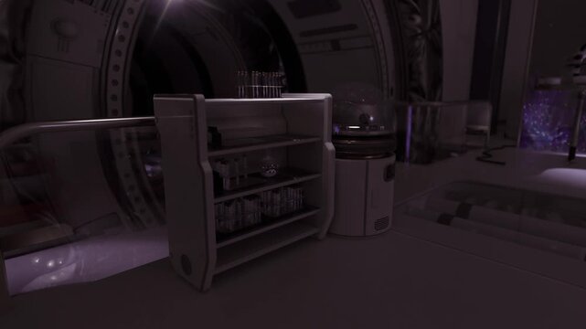 Violet lit biotech chamber with racks, spectrometer console and reagent trays, moody ambient lighting, luminescent surfaces and controlled diagnostic atmosphere