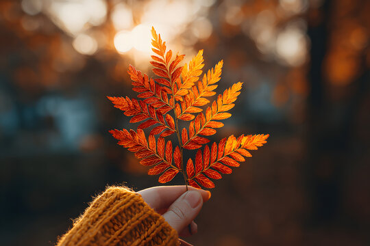 During the autumn season, a cropper holds bright yellow and red autumn leaves in soft lighting.