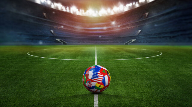 green textured field in soccer stadium and soccer ball covered with multiple national flags symbolizing an international football tournament. ready for game
