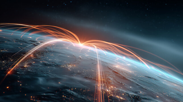 Futuristic communication network over Earth, glowing arcs and digital lines, cinematic space view