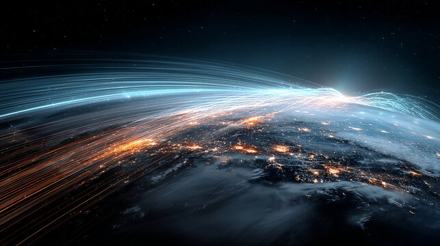Earth at night with high speed data streams and glowing technology lines, realistic space render