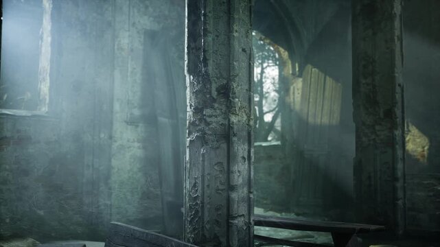 Dust particles dance in soft light streaming through cracked walls. Broken benches lay scattered, hinting at stories long forgotten in this forsaken space, evoking a sense of mystery and nostalgia.