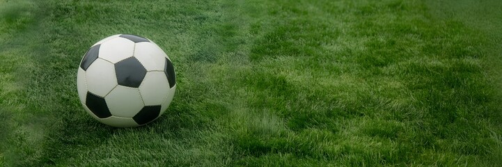 Fototapeta premium Classic Black and White Soccer Ball Resting on Lush Green Grass Field – Football World Cup Concept