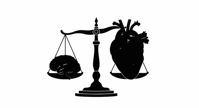 Balancing logic and emotion with a scale, brain versus heart