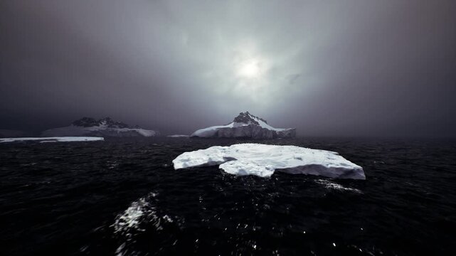 Large ice floe floating on dark ocean, bright rim lit against brooding clouds, strong foreground composition emphasizing fragility and isolation for editorial