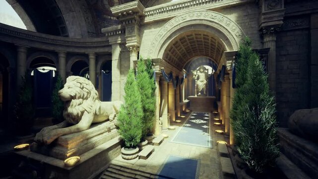 sunlit marble atrium with guardian lions, blue carpet leading through colonnade, warm golden oculus light, carved reliefs, potted cypress, lit sconces, serene