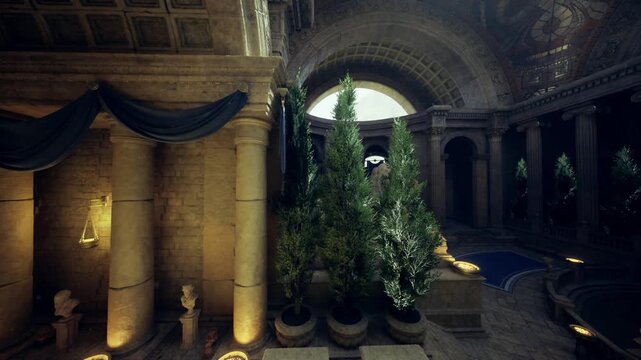 intimate colonnade with decorated columns and soft drapery, glowing lantern sconces casting textured shadows. Narrow arcade lined with evergreen planters,