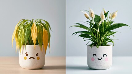 Obraz premium Before and after recovery of wilted Peace Lily plant in cute pots