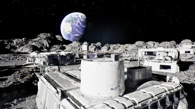 Moonbase at Earthrise, modular habitat cluster perched on regolith, solar arrays and antenna masts, reflective panels catching starlight, distant Earth glowing,