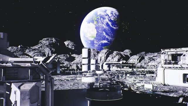 nighttime lunar settlement lit by Earth, maintenance platforms and walkway lights outlining habitat cluster, technicians on shift tending panels and conduits,