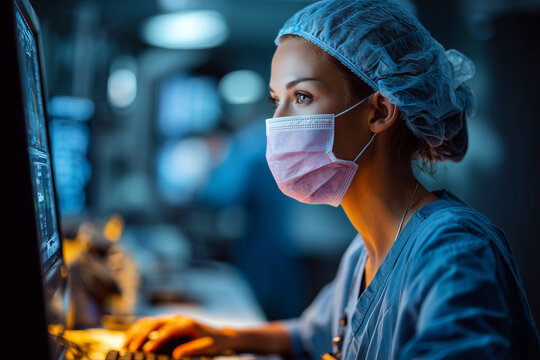 Profesional m&eacute;dico analizando datos de diagn&oacute;stico en una estaci&oacute;n de trabajo cl&iacute;nica. Un profesional m&eacute;dico con mascarilla quir&uacute;rgica, gorro y uniforme trabaja en una estaci&oacute;n de computadora