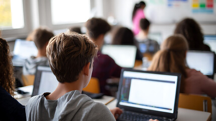 Fototapeta premium Young diverse students learn computer skills in bright classroom environment, using laptops for education, technology integration in modern schooling