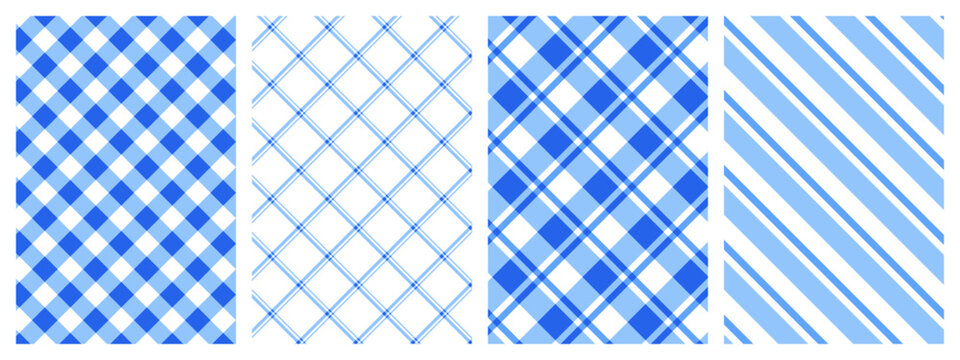Blue and White Gingham Plaid Seamless Pattern Set, Classic Checkered and Diagonal Stripe Vector Backgrounds for Picnic and Textile Design