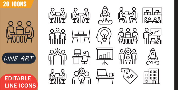 Isolated coworking startup icons set, 20 editable line art icons set, workspace office business teamwork creative desk modern company, coworking office tools, minimal clean outline vector