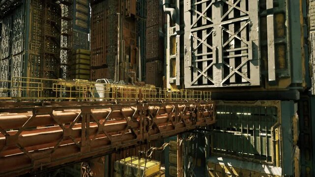 interconnected conduits and stacked containers forming mechanical spine through industrial interior service modules, cable harnesses and bolted frames create