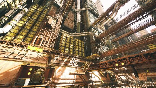 turbine hall panorama with towering supports and braided piping, dramatic vertical composition, industrial scale emphasized by layered walkways and gleaming