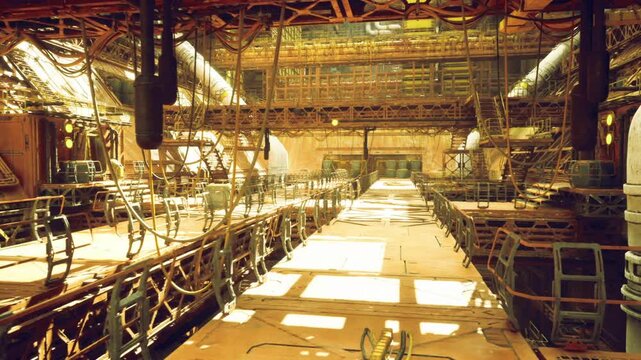 Bright dockwork scene. Industrial shipyard repair area. Sunshine illuminates ship repair zone. Brightly lit drydock with scaffolding and metal fixtures