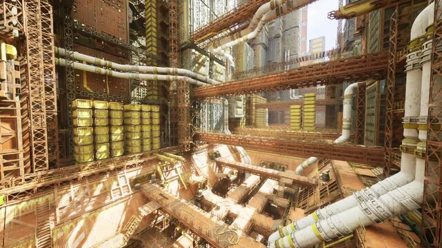 bronzetoned industrial pit with entangled pipes and beams, dramatic lowangle light creates strong contrasts and depth, cinematic composition suggests
