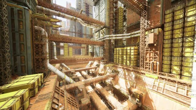 Midday sun illuminates complex industrial framework. Sundrenched industrial maze showcases overlapping pipes and rugged scaffolding from broad perspective