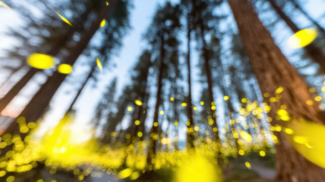 Magical evening of fireflies dancing in a forest at sunset