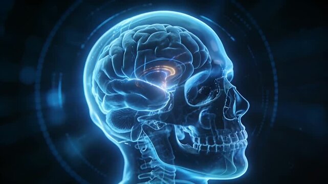 Animating clear skull showing brain after neural cue rising tracing orange path for study in lab