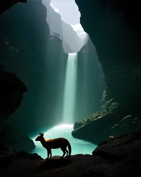 A  dhole  rat genetic hybrid experiment ai-generated, fictional species in an enchanted canyon silhouette against a waterfall background