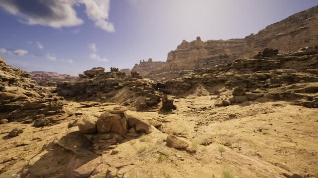 Cliffside rock formations with layered overhangs and scattered rubble, warm midday light accentuating rough textures, suitable for architecture, geology