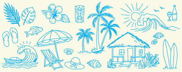 Hand draw beach and surf doodle vector set. Tropical coastal elements. perfect for summer designs, t-shirts, posters, and placard prints. © The Icon Hub