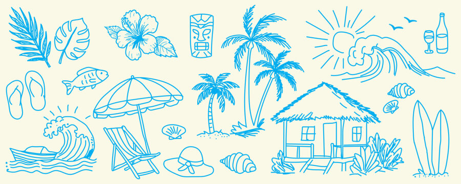 Hand draw beach and surf doodle vector set. Tropical coastal elements. perfect for summer designs, t-shirts, posters, and placard prints.