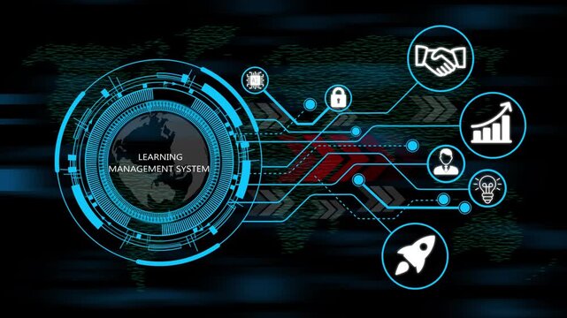 Digital learning management design and futuristic user experience concept infographic, Glowing circular dashboard with business, technology, icons and integrated network. world map background