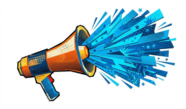Trendy retro megaphone vector collage with halftone sound beam illustration