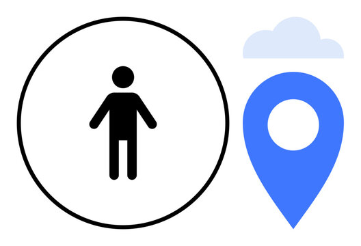 Location tracking, navigation, geolocation services, user positioning, travel planning, GPS technologies. Person inside a circle next to a blue location pin with a cloud. Navigation and geolocation