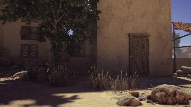 shaded adobe alley with central tree, narrow passage, rustic door and soft shadow play, conveying quiet memory of medina lanes and slow travel moments