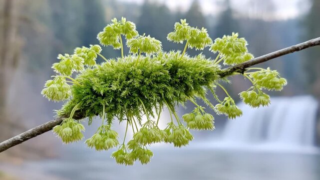 Static close up macro still of moss covered twig with dangling green bell flowers hanging over blurred waterfall and river in forest spring morning light